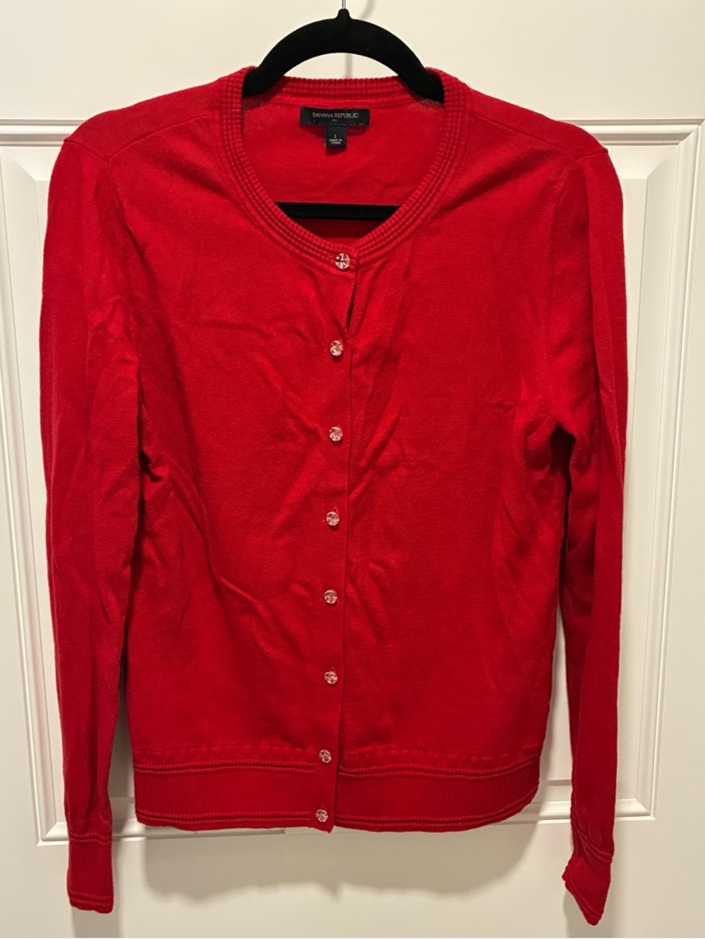 Banana Republic Red CrewNeck Button-Up Cardigan w/ Crystal Buttons - Size: L